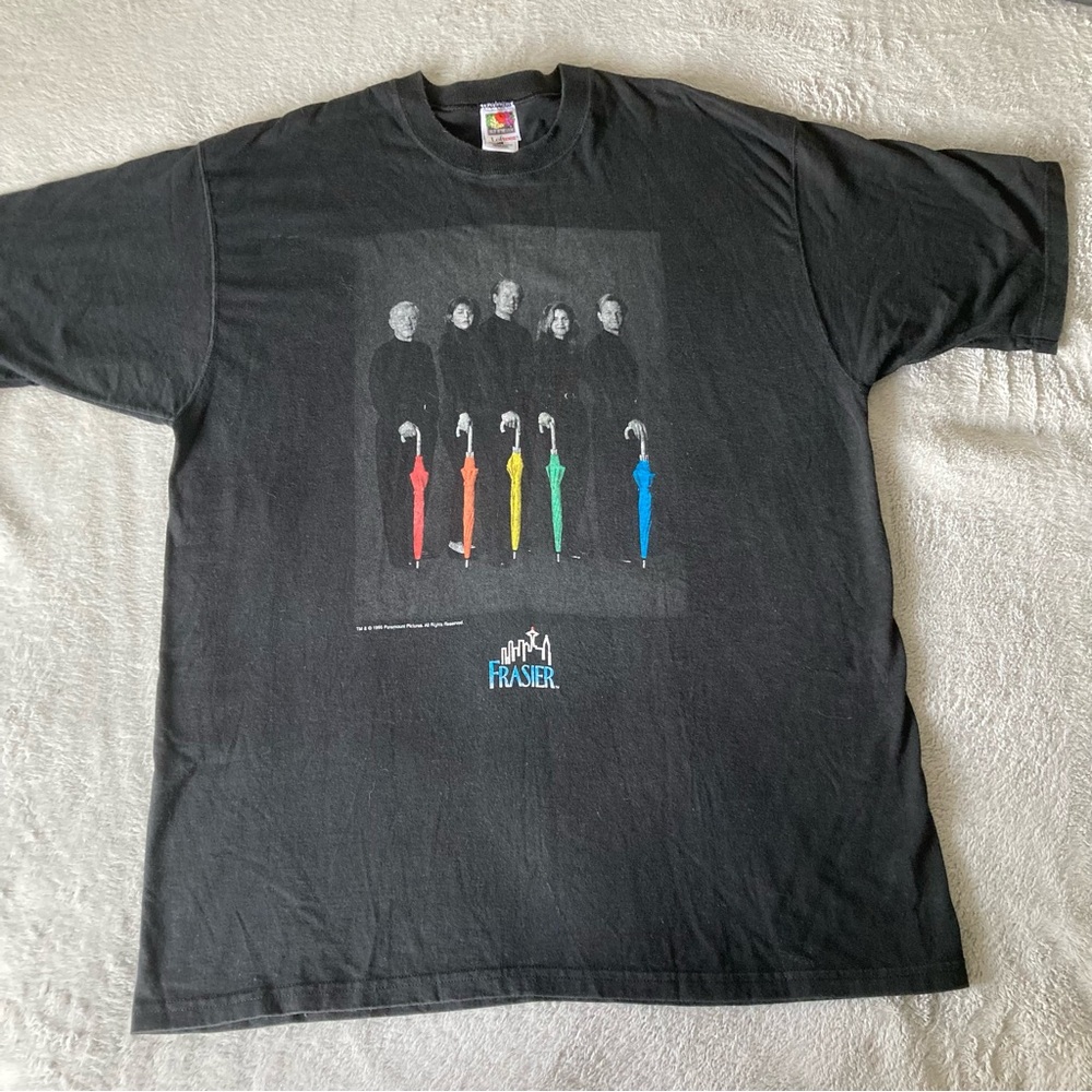 Vintage Frasier Cast Rainbow Umbrellas Promo T-Shirt Men's XL Black Cotton 1996